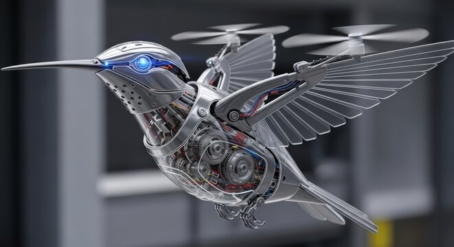 Silver Mechanical Hummingbird Drone Flying With Detailed Inner Workings Blue Glowing Eyes