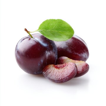 Isolated plum fruit with leaf and slices fresh ripe healthy ingredient