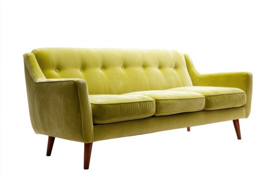 Isolated mid century modern sofa in chartreuse green comfortable living room furniture