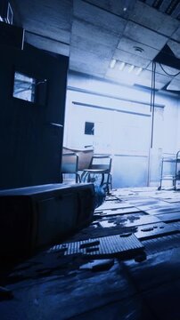 Dim light filters through a broken window, revealing a cluttered hallway in a deserted structure. Abandoned items lie scattered, whispering stories of the past and neglect.