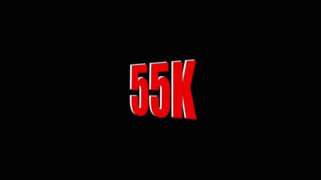 Large Red 55 K Text with White Outline on Black Background for Social Media Follower Count Display fifty-five thousand.