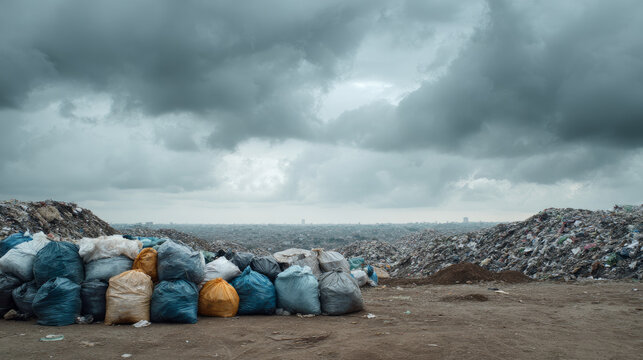 land with garbage, Garbage dump landscape of ecological damage contaminated land., plastic scrap in landfill, environmental problems pollution, waste or trash from household in waste landfill