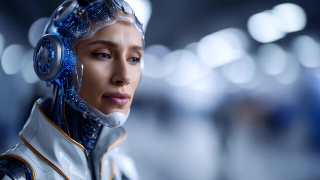 A futuristic humanoid robot gazes thoughtfully, blending advanced technology and human-like features, showcasing the potential of artificial intelligence and robotics.