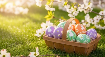 Fototapeta premium Easter eggs in a basket on green grass with blooming flowers and sunlight