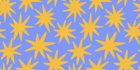 Colorful abstract starburst seamless pattern in modern playful style, perfect for textiles, wallpapers, packaging, and creative surface design. © bosotochka