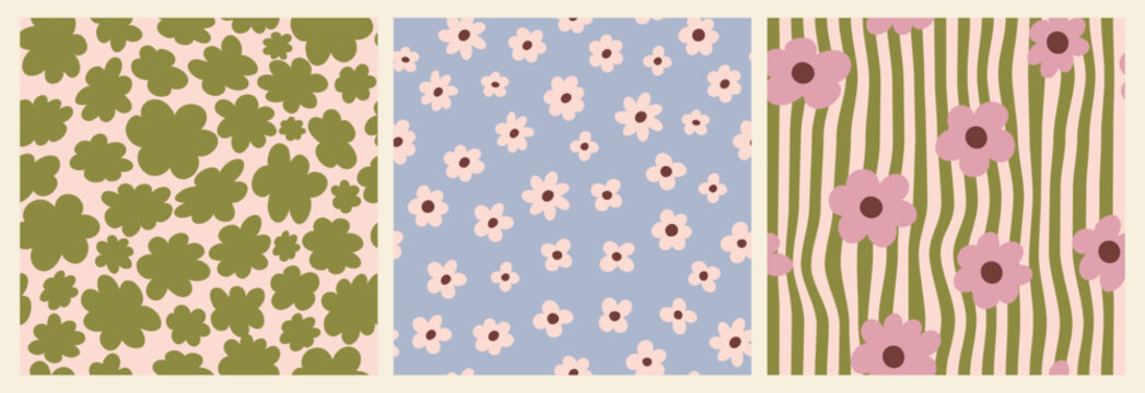 Set of seamless floral patterns with simple abstract flowers and hearts. Modern cute vector backgrounds with playful botanical shapes and soft colors, ideal for textile, wrapping paper, wallpaper, pac