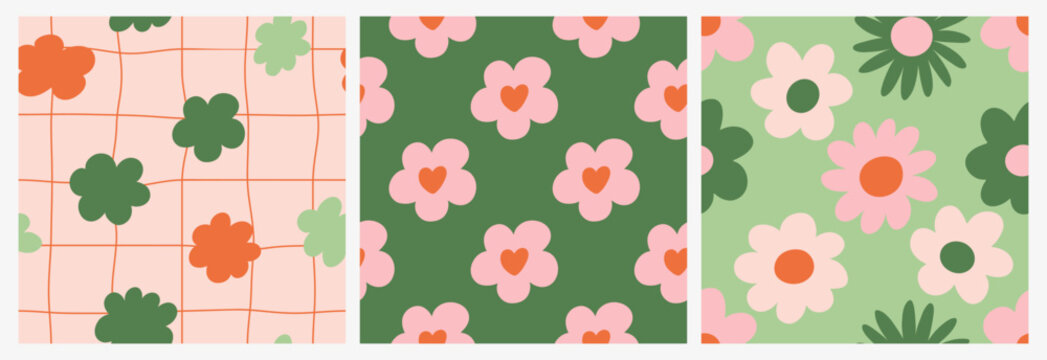 Set of seamless floral patterns with simple abstract flowers and hearts. Modern cute vector backgrounds with playful botanical shapes and soft colors, ideal for textile, wrapping paper, wallpaper, pac