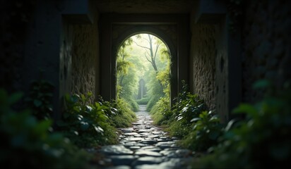 Obraz premium Enchanted Stone Path Through Ancient Mossy Archway into Forest
