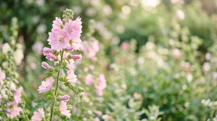 Obraz premium Delicate pink mallow flowers blooming in a sunlit garden with soft bokeh background