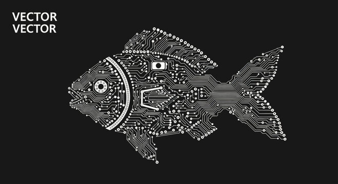 A stylized fish outline created from a white electronic circuit board pattern