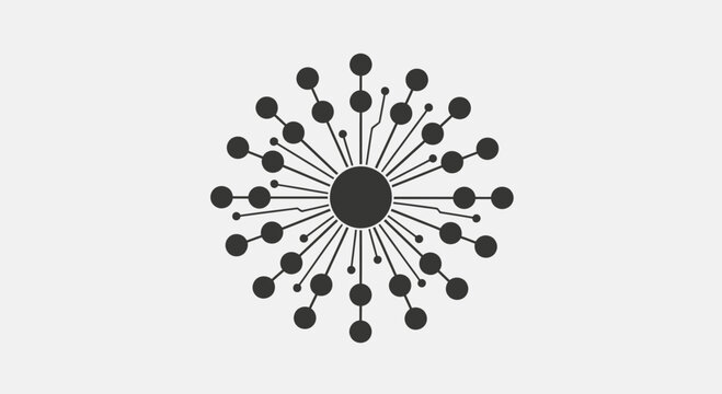 A dark central circle with thin lines radiating outwards connecting to smaller circles