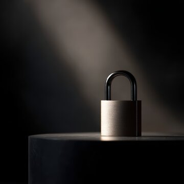 Metallic padlock security symbol on pedestal dramatic lighting