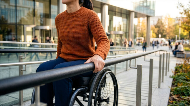 Disabled woman in wheelchair using accessibility ramp to enter modern office building for Inclusive Workplace and DEI