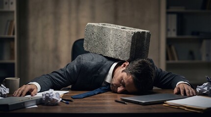 Fototapeta premium Businessman Crushed By Heavy Stone Symbol Of Work Stress And Pressure