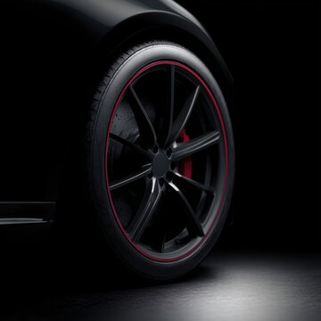 Car tire mounted on black rim with red brake calipers automotive detail shot