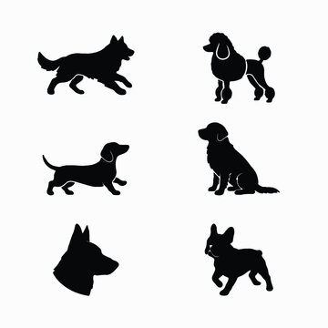 A collection of black dog silhouettes featuring various breeds in different standing and poses