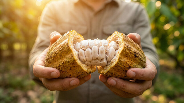 Hands holding raw cacao pod representing ethical sourcing and fair trade supply chain for ESG