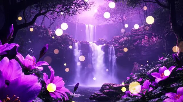 Purple forest waterfall with glowing orbs