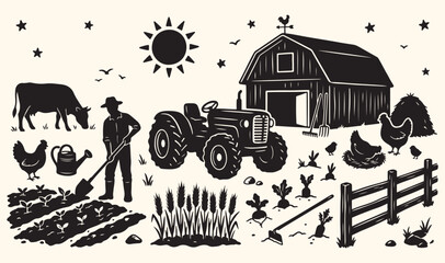Rural farm landscape and tractor illustration, traditional farming and barn house sketch, agriculture industry and country life design, harvest season and village field background, organic farming and © dhruvik