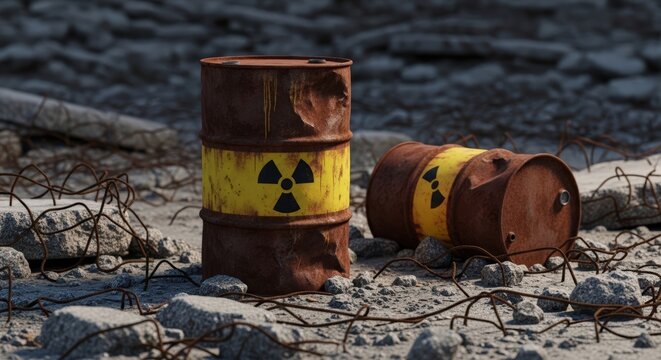 Two Rusted Radioactive Waste Barrels in a Concrete Rubble Landscape Under Harsh Daylight