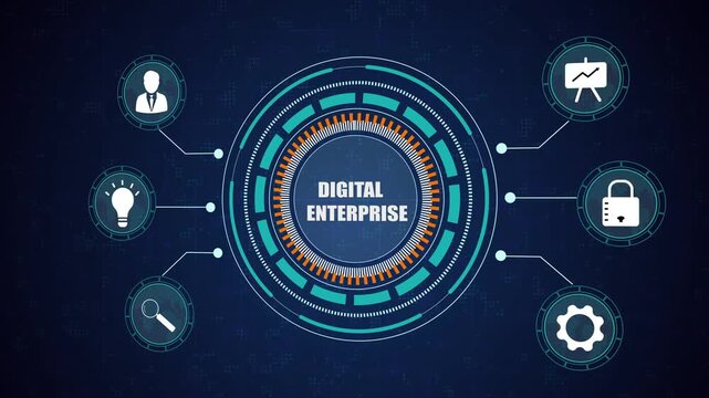 Digital enterprise network, innovative corporate technology solutions, business data management hub, professional integration system connectivity.