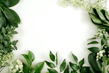 Fototapeta premium An elegant frame of leaves and flowers frames the perimeter on a light background.