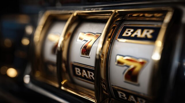 Close-up of a casino slot machine reel stopping on lucky sevens.