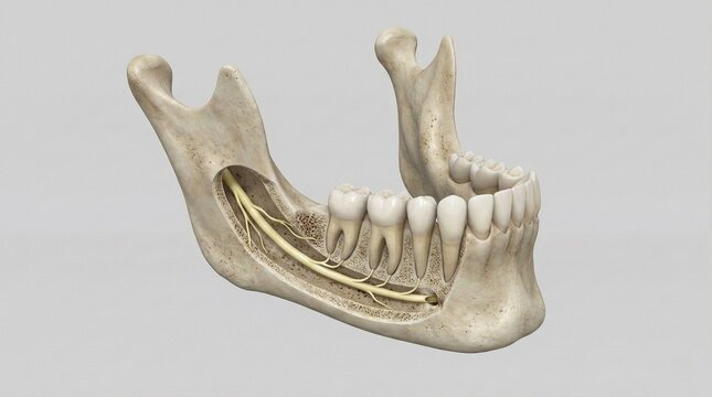 Inferior alveolar nerve route inside human mandible bone cutaway