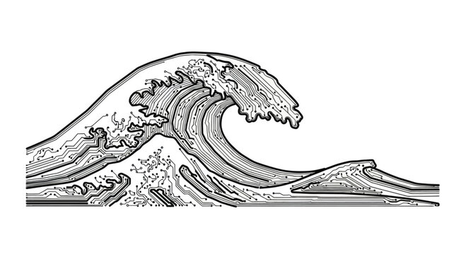 A stylized wave rendered with intricate circuit board patterns, on a white background