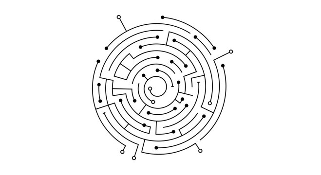 Circular maze with black lines, dots, and white circles on a white background