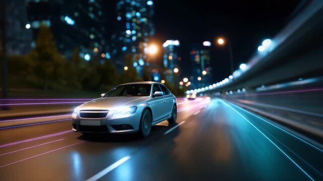 A sleek silver car speeding through a vibrant cityscape at night, illuminated by colorful lights that create a dynamic sense of motion and excitement.