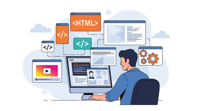 Software developer working on website programming and interface design with various coding language windows and media elements.