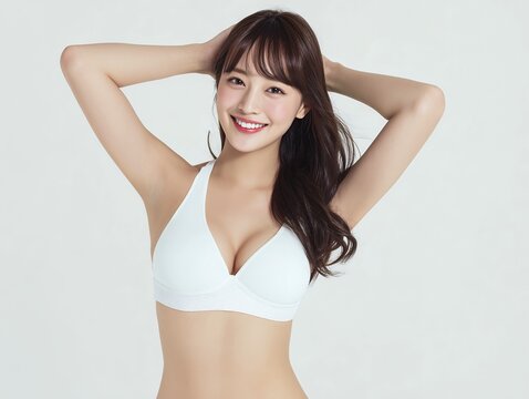 白いスポーツブラを着用して両手を頭の後ろに添えて笑顔でポーズをとる健康的な若い女性