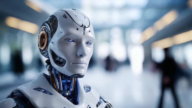 Futuristic humanoid robot with sophisticated design and lifelike features, set against a blurred modern background that highlights its advanced technology and artificial intelligence.