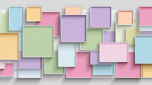 Many colored, three dimensional rectangles and squares overlap in a dense modern composition
