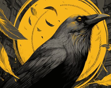 Stylized raven illustration with bold yellow graphic circle