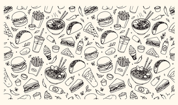Fast food and tasty snacks doodle pattern, junk food and restaurant menu sketch, burger and pizza hand drawn icons, delicious street food vector background, fries and soda takeaway line art, yummy bre