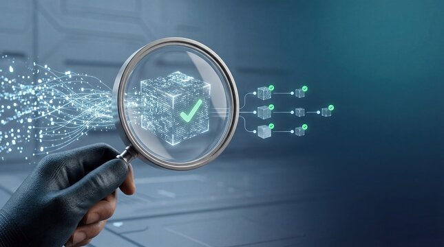 Digital magnifying glass examining blockchain cube, verifying data integrity and security in network system, cybersecurity concept for financial technology and distributed ledger
