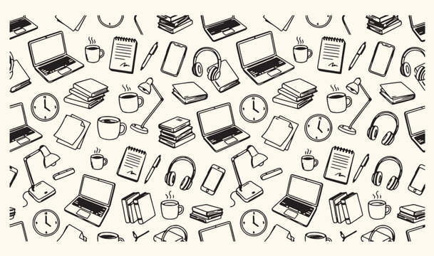 Modern office gadgets and computer hardware doodle, digital technology and workstation sketch pattern, electronic devices and peripherals hand drawn icons, professional tech equipment vector backgroun