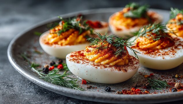 Creamy deviled eggs topped with fresh dill and paprika are served on a white plate, a tasty food and a delicious snack