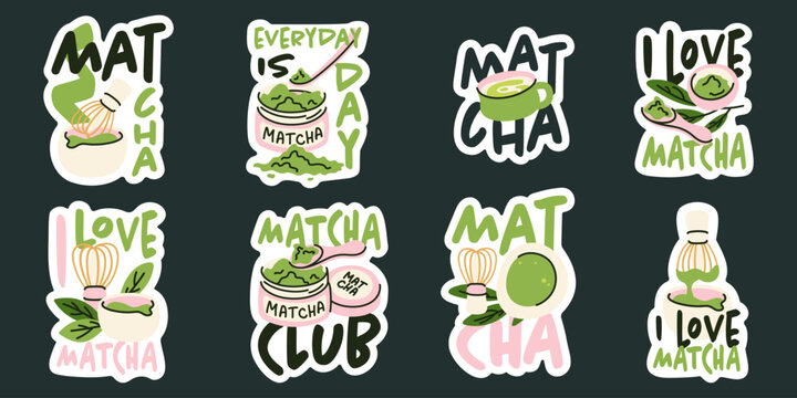 Vector matcha tea sticker set with hand drawn icons and quotes on dark background