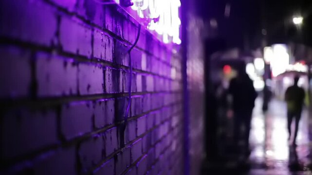 Purple neon lights illuminate a brick wall on a rainy night street.