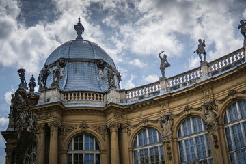 Obraz premium Vajdahunyad Castle baroque dome rooftop sculptures Budapest Hungary