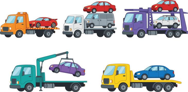 Tow truck and car carrier flat vector illustration set with roadside assistance vehicles isolated,