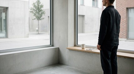 Fototapeta premium Man standing looking out large window in modern minimalist interior, contemplative mood, urban view, concrete walls, wooden shelf, coffee cup, notebook, smartphone, black shirt
