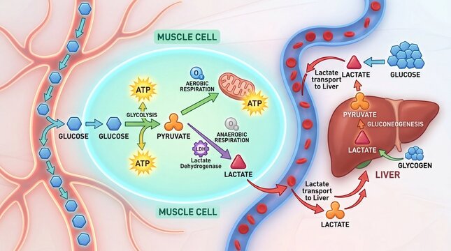 Metabolic pathways within a muscle cell, illustrating glucose conversion and energy production through aerobic and anaerobic respiration, and lactate transport to the liver