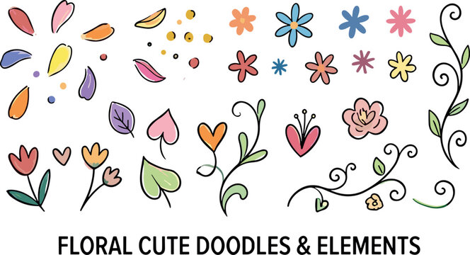Cute floral doodle elements set with flowers, leaves, petals, vines and botanical decorative shapes, hand drawn garden nature illustration collection vector on transparent background