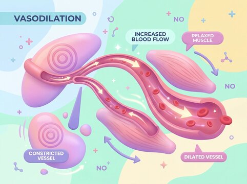 Dynamic Illustration of Vasodilation and Increased Blood Flow in Relaxed Muscles, Explaining Circulatory System Health Concept