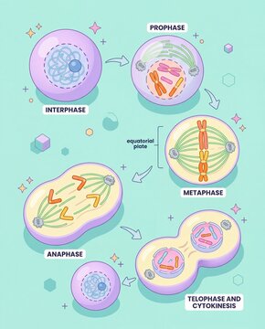 Dreamlook vibrant scientific illustration of the intricate cell division process, showcasing detailed stages of mitosis