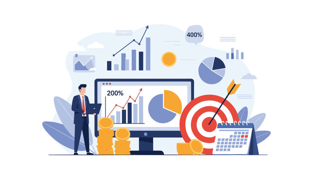 Businessman presenting data insights and target achievements on a large computer monitor with various charts.